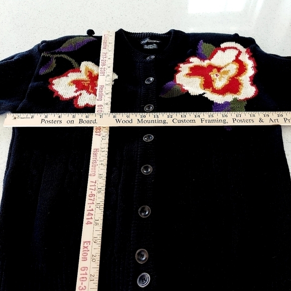 Vintage Cardigan Sweater Floral Bobbled Cable Knit Shoulder Pads Navy Cotton Y2K - Picture 16 of 16